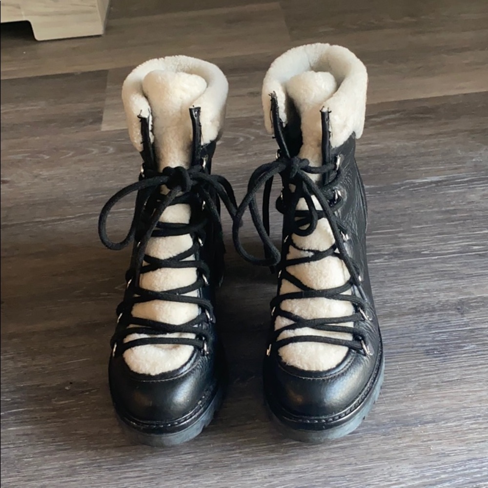 Marc Fisher Black Leather Lace-Up Shearling Trim Boots